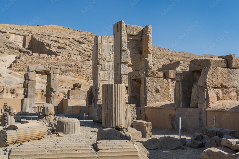 Ruins of the stone Gates in Persepolis, the ceremonial capital of the Achaemenid Empire, UNESCO declared the ruins of Persepolis a World Heritage Site in 1979.