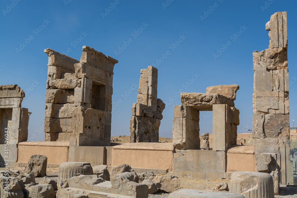 Ruins of the stone Gates in Persepolis, the ceremonial capital of the Achaemenid Empire, UNESCO declared the ruins of Persepolis a World Heritage Site in 1979.