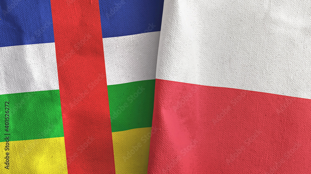 Poland and Central African Republic two flags textile cloth 3D rendering