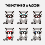 Pixel art. The Emotions Of A Raccoon. Cartoon drawings. Vector illustration for web design or print.
