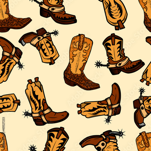 Seamless pattern with cowboy boots. Design element for poster, card, banner, clothes decoration.