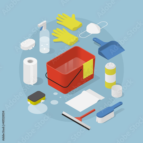 Isometric Cleaning Objects Illustration