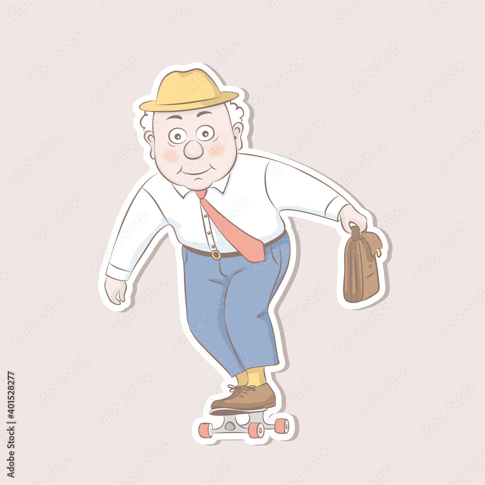Sticker elderly man wearing a hat and carrying a briefcase on a skateboard.Vector illustration in cartoon style. Sticker elderly man wearing a hat and carrying a briefcase on a skateboard.Vector illustration in cartoon style.