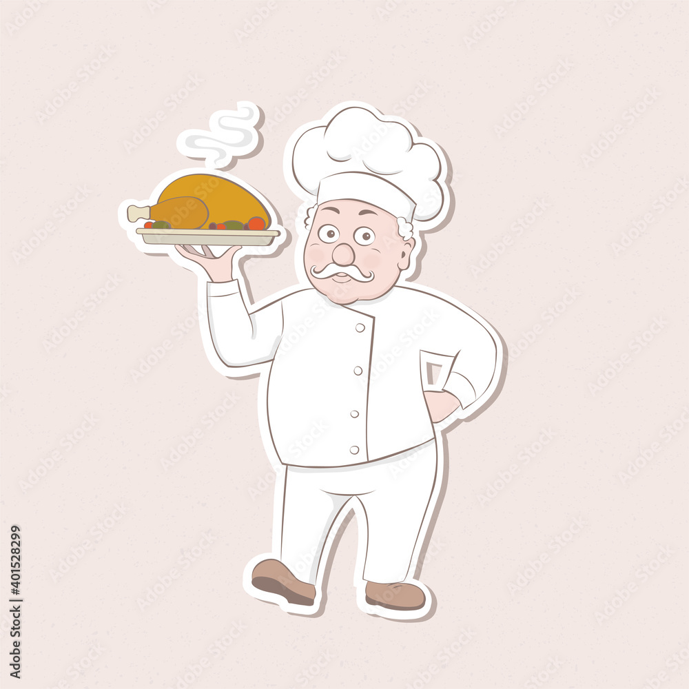 Sticker chef in cook cap keeping tray for hot dish and showing ok sign. Vector cartoon illustration. Sticker chef in cook cap keeping tray for hot dish and showing ok sign. Vector cartoon illustration.