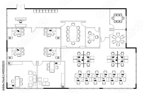 An office layout drawing complete with the office furniture in 2D CAD drawing. Drawing in black in white. 