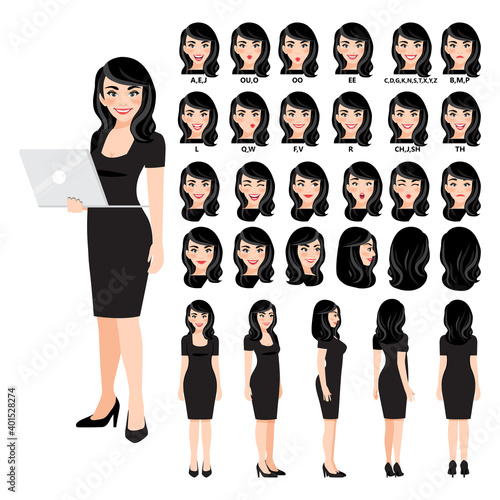 Cartoon character with business woman in red dress for animation. Front, side, back, 3-4 view character. Separate parts of body. Flat vector illustration.