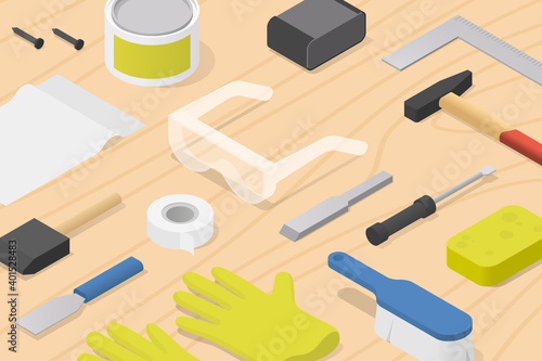 Isometric Woodwork Tools Illustration