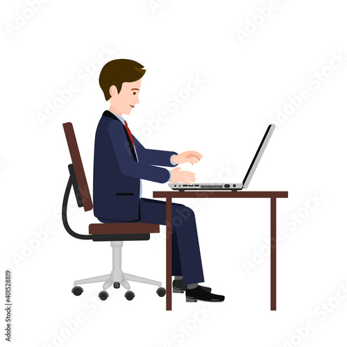A man with a laptop. Vector image of a person for animation.  Editable strokes. Editable movement. A man in a suit sits sideways at a Desk with a laptop.