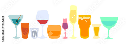Collection of glasses of alcohol. Beer champagne red wine liquor vodka martini whiskey rum tequila vermouth. Hand draw cartoon illustration. Doodle line art graphic design. Freehand drawing style