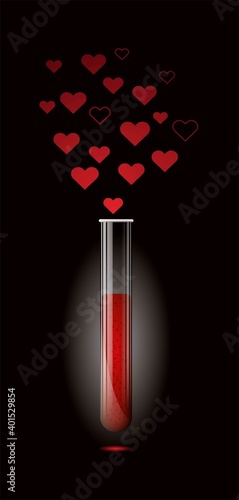 Transparent glass test tube for chemical experiments with red liquid and vapors from hearts. Valentine's Day.