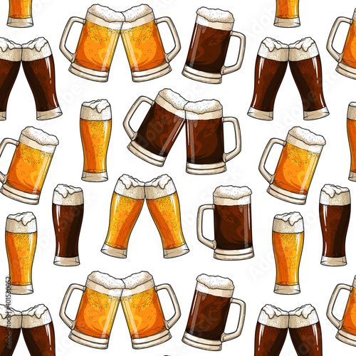 Seamless pattern mugs and glass of beer. Isolated vector illustration.