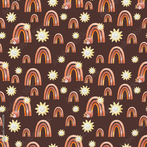 Seamless rainbow pattern on brown background. Warm colors