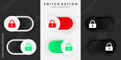 Minimalist Switch Button Lock Unlock  in Neumorphism Design. Simple, modern and elegant. Smooth & soft 3D user interface. Light mode and Dark Mode. For website or apps design. Vector Illustration. 