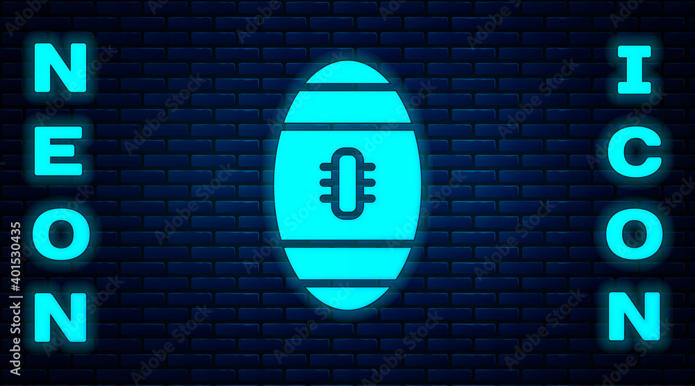 Glowing neon American Football ball icon isolated on brick wall background. Rugby ball icon. Team sport game symbol. Vector Illustration. Glowing neon American Football ball icon isolated on brick wall background. Rugby ball icon. Team sport game symbol. Vector Illustration.