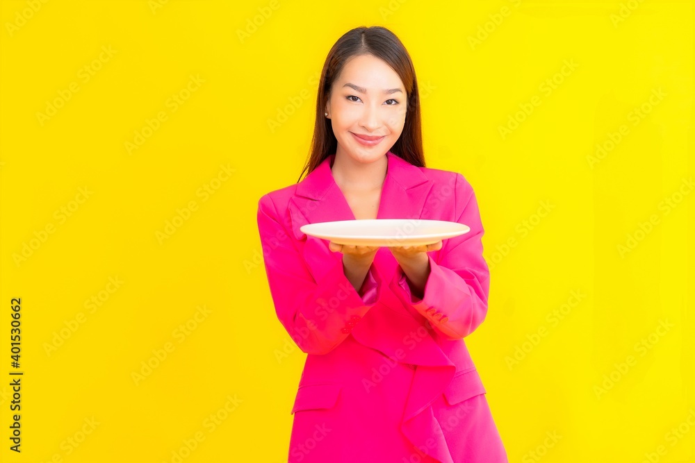 Portrait beautiful young asian woman with plate or dish Portrait beautiful young asian woman with plate or dish