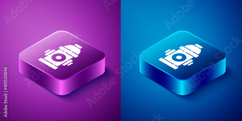 Isometric Fire hydrant icon isolated on blue and purple background. Square button. Vector Illustration.