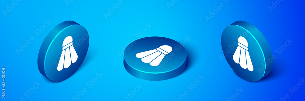 Isometric Badminton shuttlecock icon isolated on blue background. Sport equipment. Blue circle button. Vector Illustration. Isometric Badminton shuttlecock icon isolated on blue background. Sport equipment. Blue circle button. Vector Illustration.