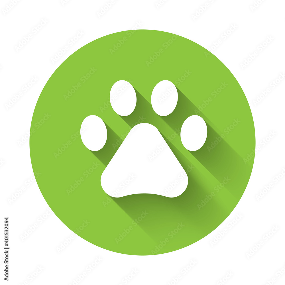 White Paw print icon isolated with long shadow. Dog or cat paw print. Animal track. Green circle button. Vector. White Paw print icon isolated with long shadow. Dog or cat paw print. Animal track. Green circle button. Vector.