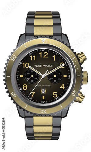 Realistic clock watch chronograph gold black design for men luxury on white background vector illustration.