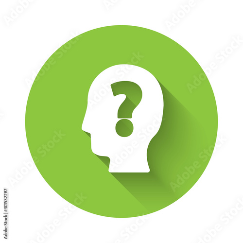 White Human head with question mark icon isolated with long shadow. Green circle button. Vector.