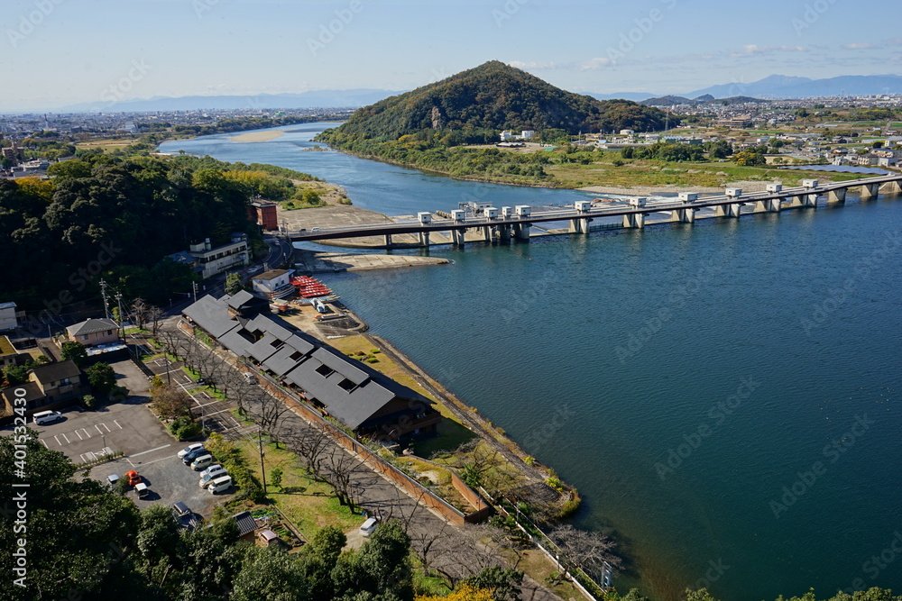 Landscape of Kiso River and Inuyama City from Inuyama Castle in Inuyama City, Aichi, Japan - 犬山城からの木曽川 犬山頭首工 ライン大橋