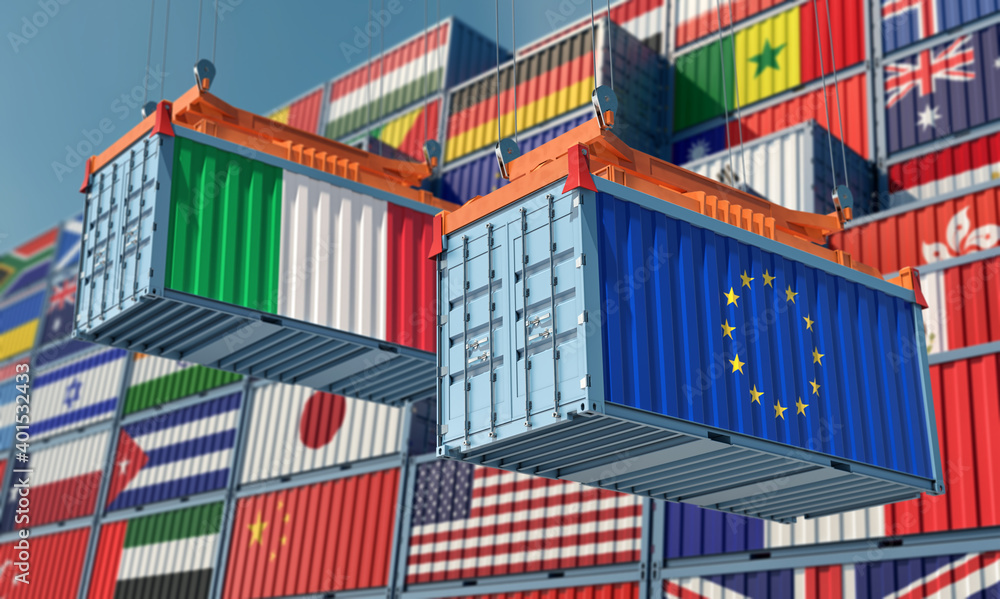 Freight containers with European Union and Italy flags. 3D Rendering 