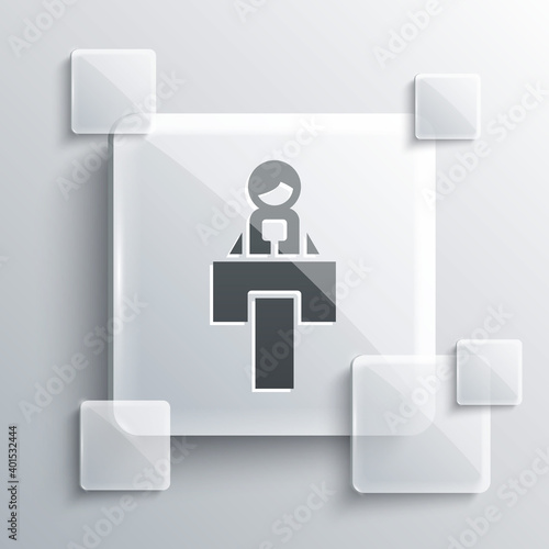 Grey Stage stand or debate podium rostrum icon isolated on grey background. Conference speech tribune. Square glass panels. Vector.