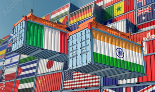 Freight containers with India and Italy flags. 3D Rendering 