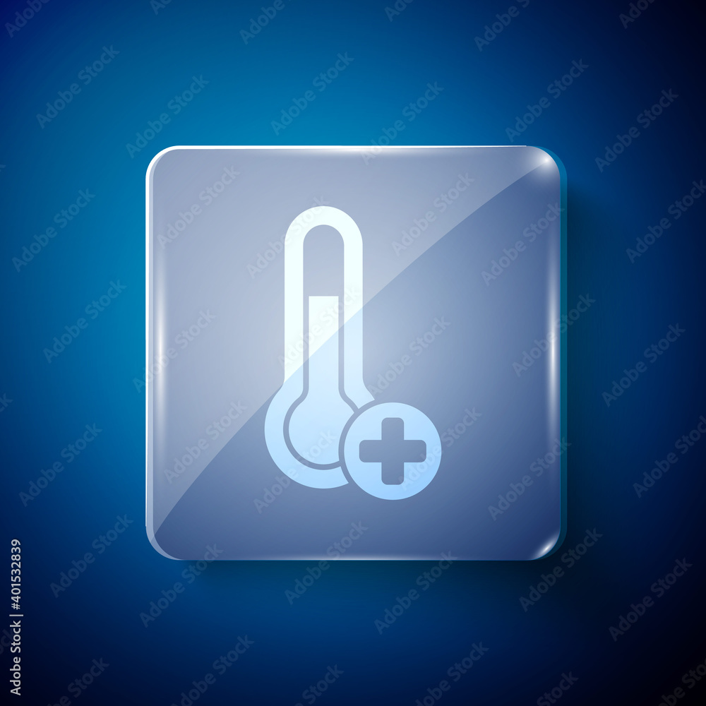 White Meteorology thermometer measuring icon isolated on blue background. Thermometer equipment showing hot or cold weather. Square glass panels. Vector. White Meteorology thermometer measuring icon isolated on blue background. Thermometer equipment showing hot or cold weather. Square glass panels. Vector.