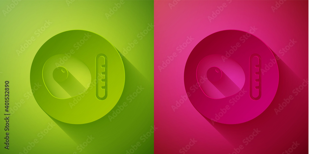 Paper cut Traditional british breakfast, fried eggs with sausage icon isolated on green and pink background. Paper art style. Vector.