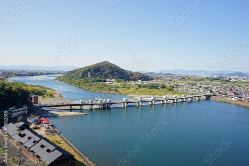 Landscape of Kiso River and Inuyama City from Inuyama Castle in Inuyama City, Aichi, Japan - 犬山城からの木曽川 犬山頭首工 ライン大橋	