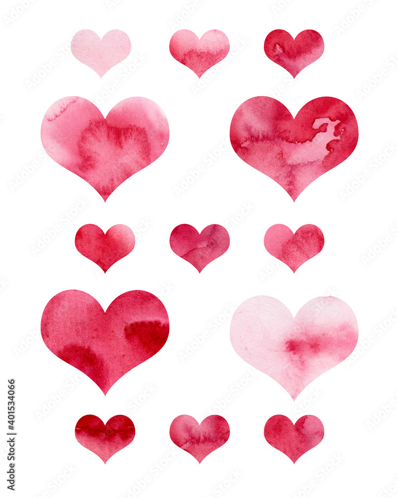 Watercolor illustration. Pink hearts on a white background. Valentine's Day. Love