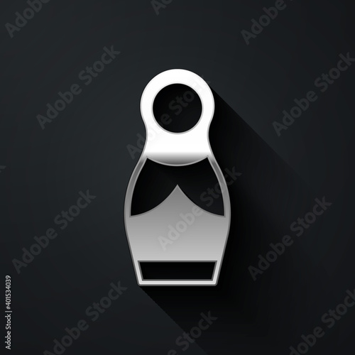 Silver Russian doll matryoshka icon isolated on black background. Long shadow style. Vector.