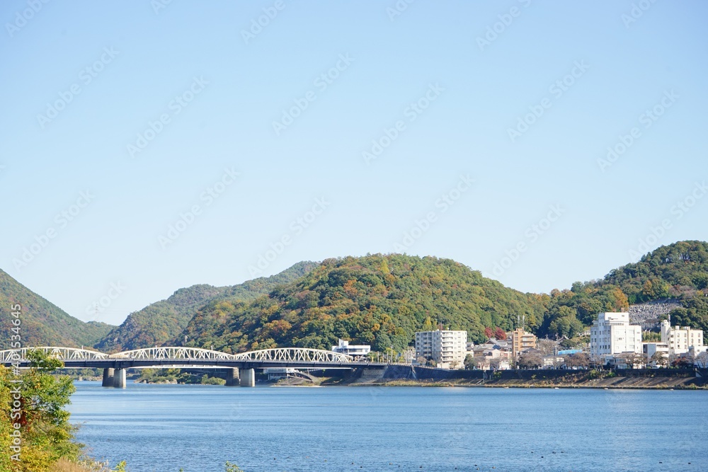 Landscape of Kiso River and inuyamatosyuko dam in Inuyama City of Aichi Prefecture, Japan - 犬山城からの木曽川 犬山頭首工 ダム ライン大橋