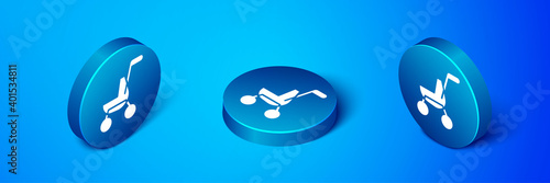 Isometric Baby stroller icon isolated on blue background. Baby carriage, buggy, pram, stroller, wheel. Blue circle button. Vector.