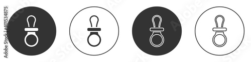 Black Baby dummy pacifier icon isolated on white background. Toy of a child. Circle button. Vector.