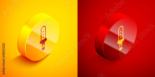 Isometric Medieval sword icon isolated on orange and red background. Medieval weapon. Circle button. Vector.