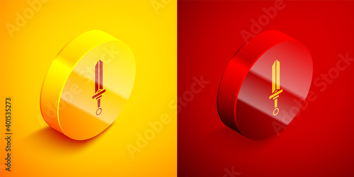 Isometric Medieval sword icon isolated on orange and red background. Medieval weapon. Circle button. Vector.