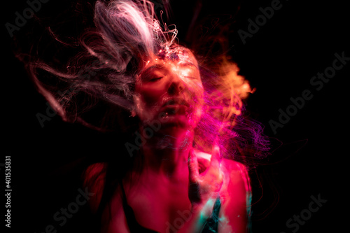 light painting portrait, new art direction, long exposure photo without photoshop, light drawing at long exposure