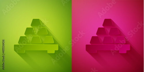 Paper cut Gold bars icon isolated on green and pink background. Banking business concept. Paper art style. Vector.