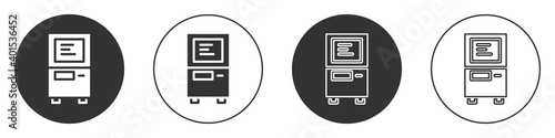 Black ATM - Automated teller machine icon isolated on white background. Circle button. Vector.