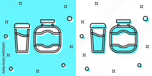 Black line Sports nutrition bodybuilding proteine power drink and food icon isolated on green and white background. Random dynamic shapes. Vector.