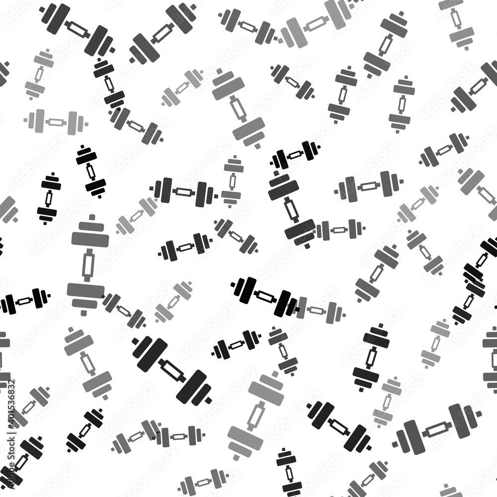 Naklejka premium Black Dumbbell icon isolated seamless pattern on white background. Muscle lifting icon, fitness barbell, gym, sports equipment, exercise bumbbell. Vector.