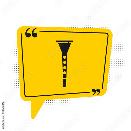 Black Clarinet icon isolated on white background. Musical instrument. Yellow speech bubble symbol. Vector.