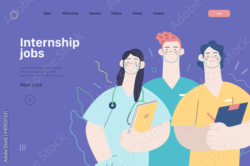 Medical insurance -internship jobs -modern flat vector concept digital illustration - young medical specialists standing together, team of interns concept, medical office or laboratory