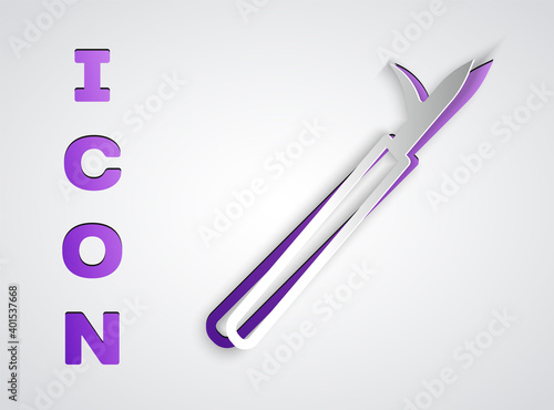 Paper cut Metal pike pole with wooden handle icon isolated on grey background. Spear, pickaxe, hook hand extinguishing instrument and tool for fireman. Paper art style. Vector.
