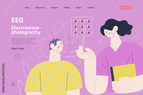 Medical tests illustration - EEG - electroencephalography - modern flat vector concept digital illustration of encephalography procedure - a patient with head electrodes and doctor in medical office