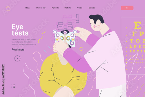Medical tests template - c -modern flat vector concept digital illustration of eye test procedure -a female patient and a doctors with phoropter, ophthalmologic office