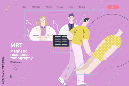 Medical tests illustration - magnetic resonance tomography - modern flat vector concept digital illustration of mri procedure - a patient in the scanner and doctor, medical office or laboratory