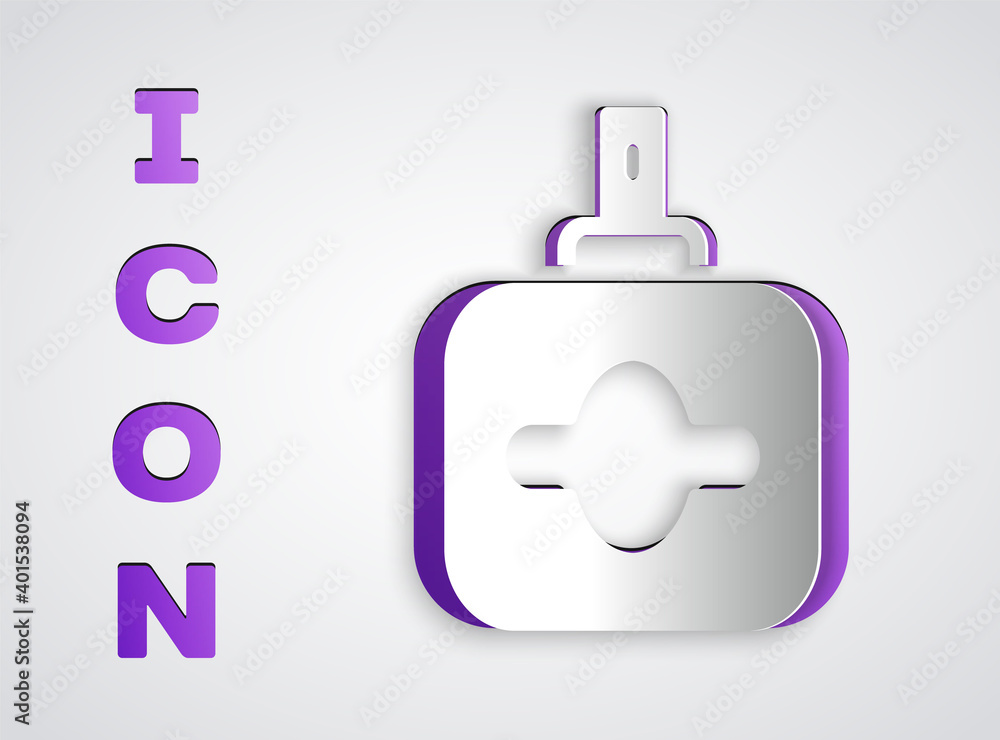 Paper cut Perfume icon isolated on grey background. Paper art style. Vector. Paper cut Perfume icon isolated on grey background. Paper art style. Vector.